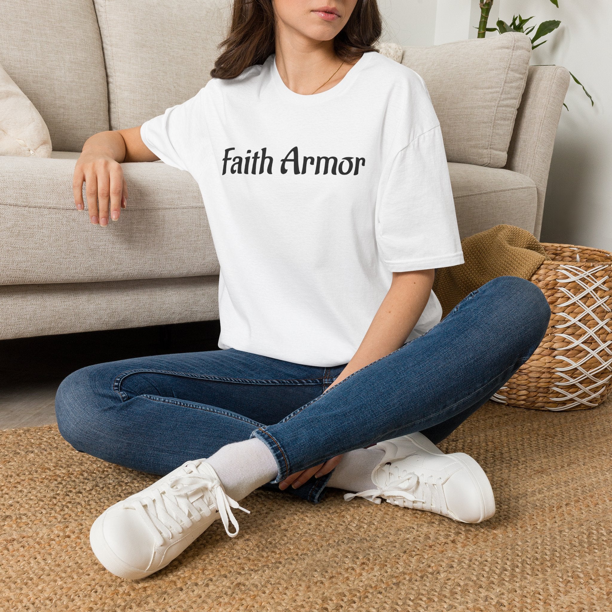 Minimalist White T‑Shirt with Subtle 'With Armor' Chest Text — Casual Everyday Tee
