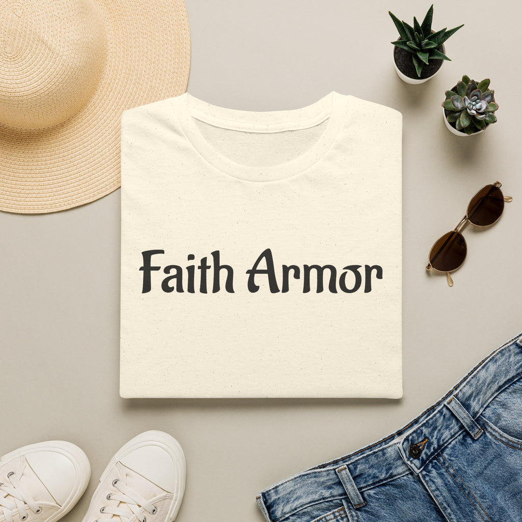 Minimalist White T‑Shirt with Subtle 'With Armor' Chest Text — Casual Everyday Tee