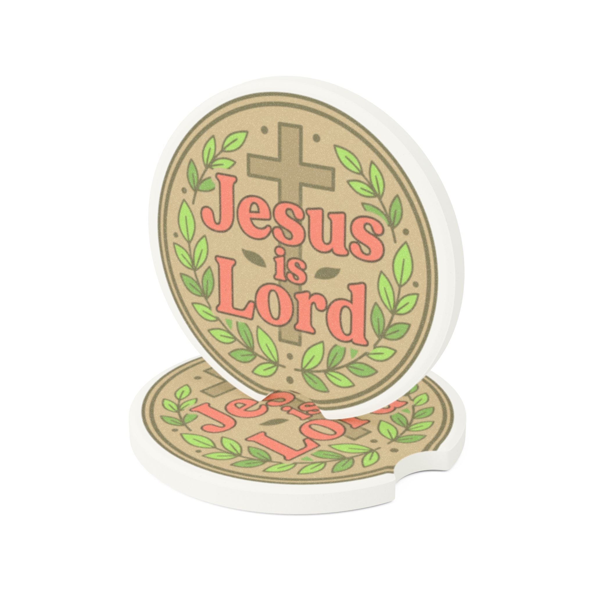 Jesus Is Lord Soapstone Car Coaster — Christian Cross Car Cup Holder Insert