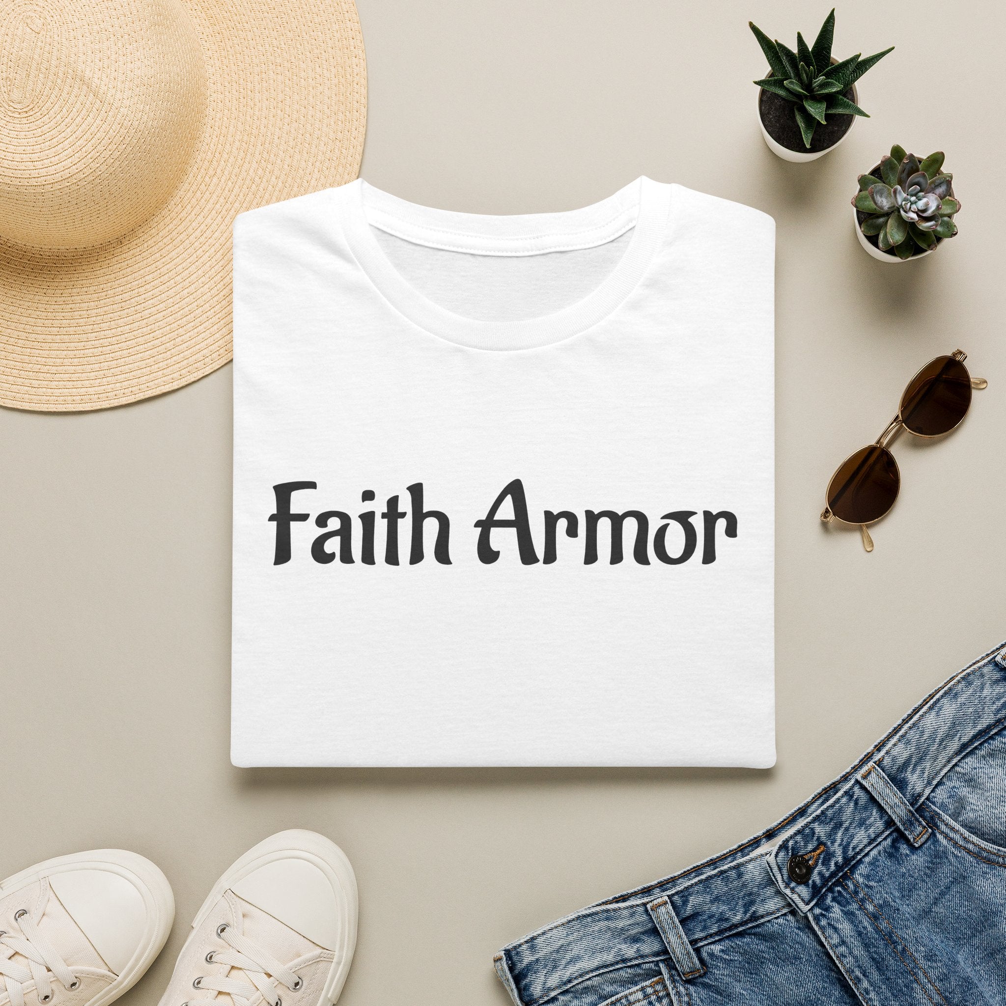 Minimalist White T‑Shirt with Subtle 'With Armor' Chest Text — Casual Everyday Tee