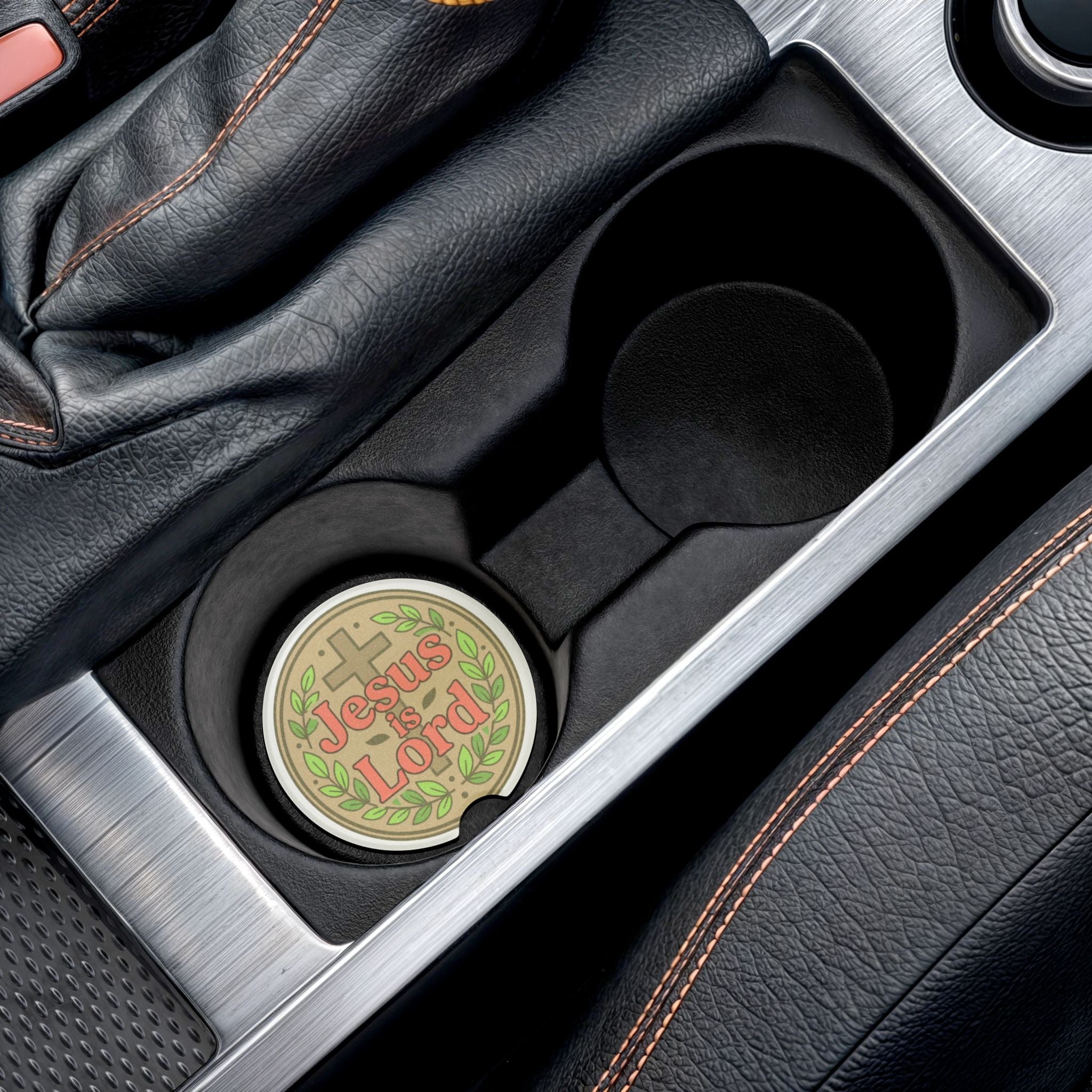 Jesus Is Lord Soapstone Car Coaster — Christian Cross Car Cup Holder Insert