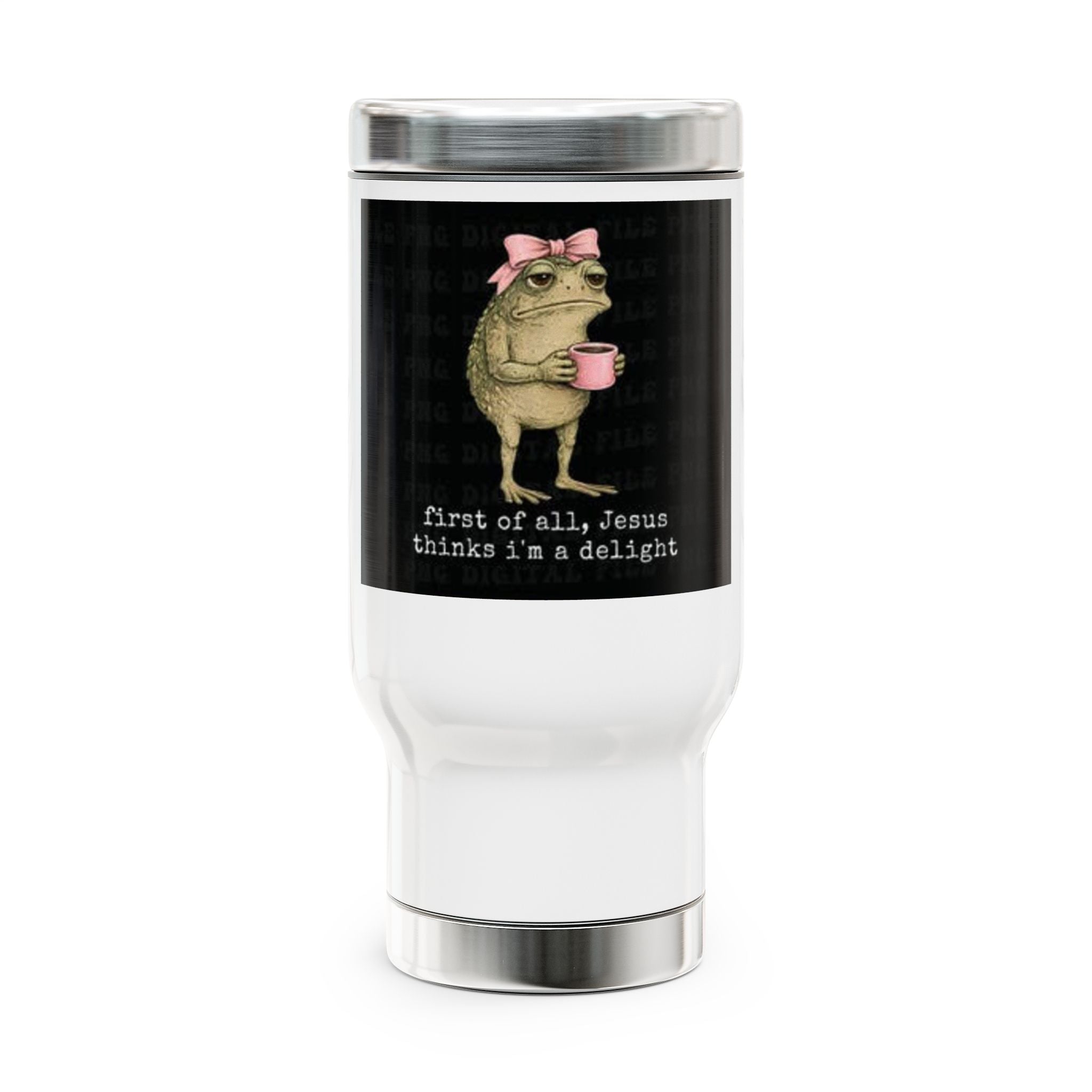 Travel Mug — Cute Frog with Pink Bow "First of All, Jesus Thinks I’m a Delight" Stainless Steel 14oz